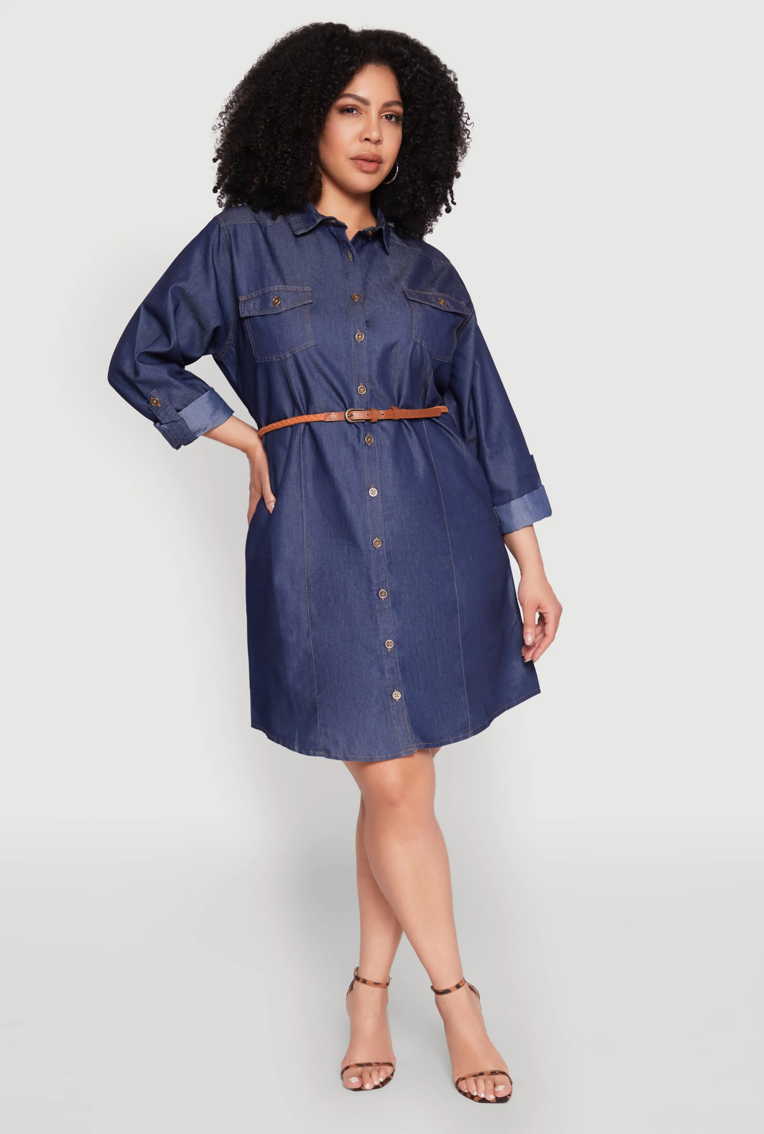 Plus Size Chambray Belted Shirt Dress sold by Rainbow