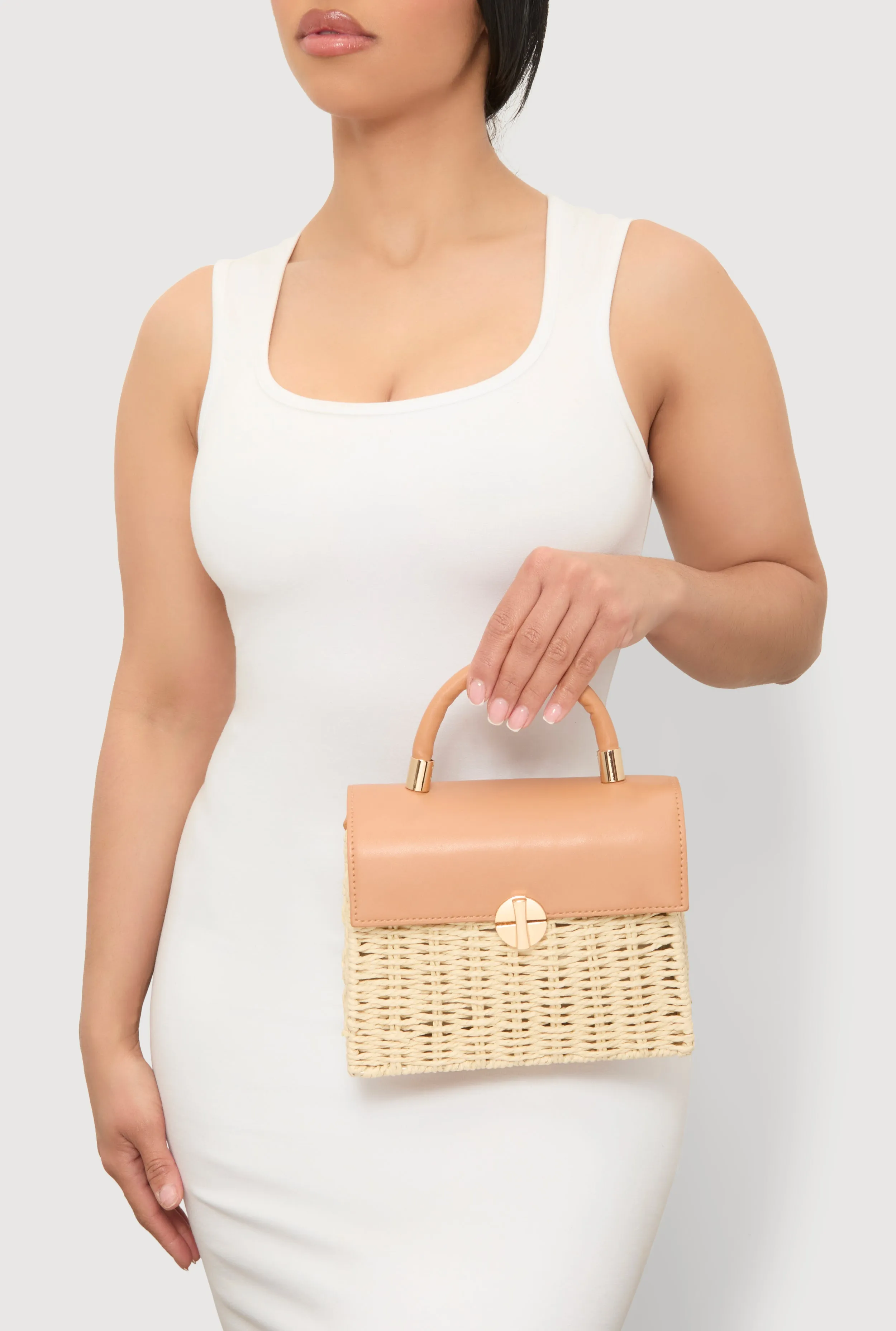 Faux Leather Detail Straw Convertible Handbag sold by Rainbow product image thumbnail 2