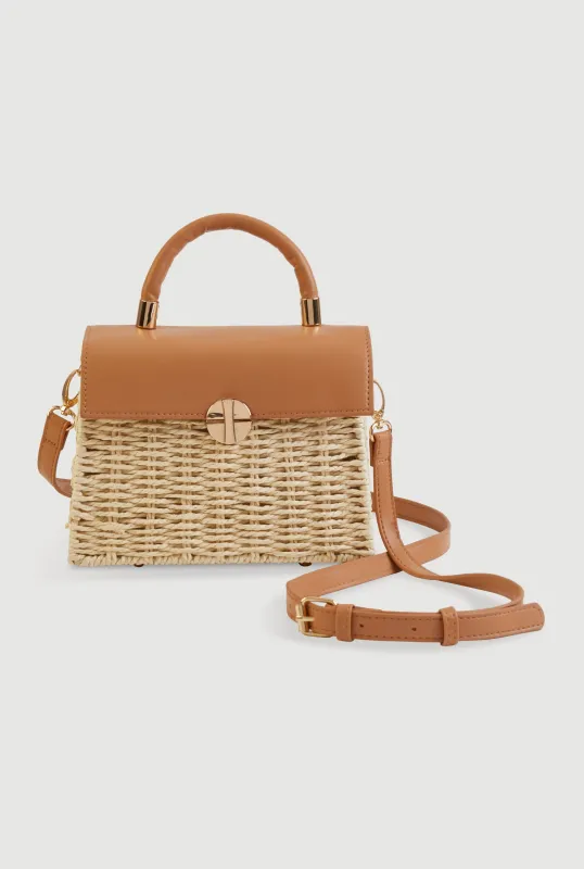 Faux Leather Detail Straw Convertible Handbag sold by Rainbow