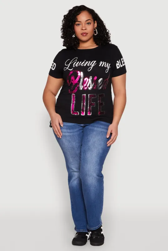 Plus Size Sequin Blessed Life Graphic Tee sold by Rainbow