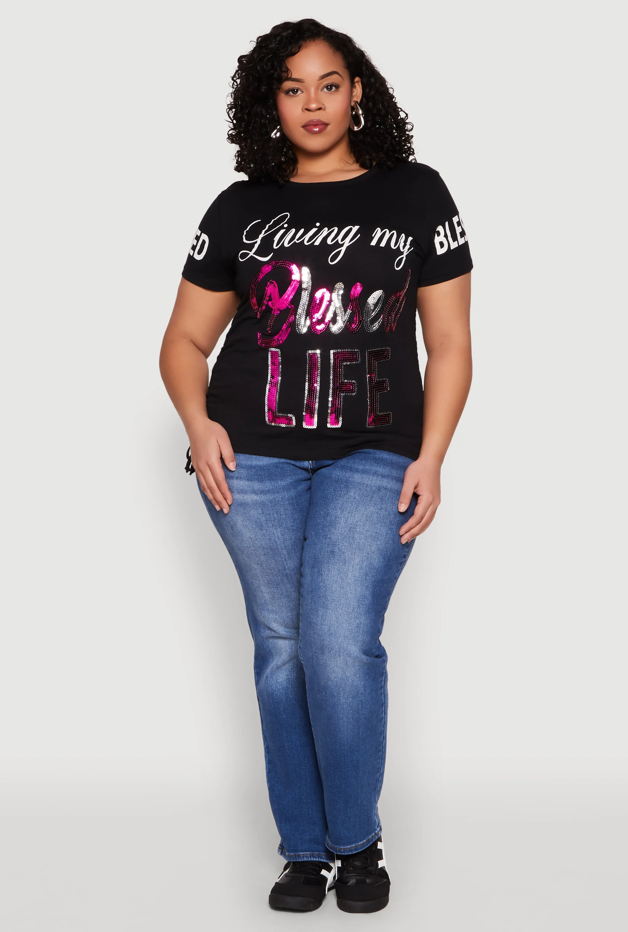 Plus Size Sequin Blessed Life Graphic Tee sold by Rainbow
