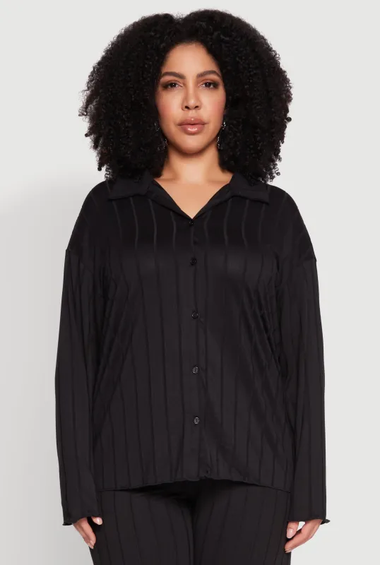 Plus Size Ribbed Knit Button Front Shirt sold by Rainbow