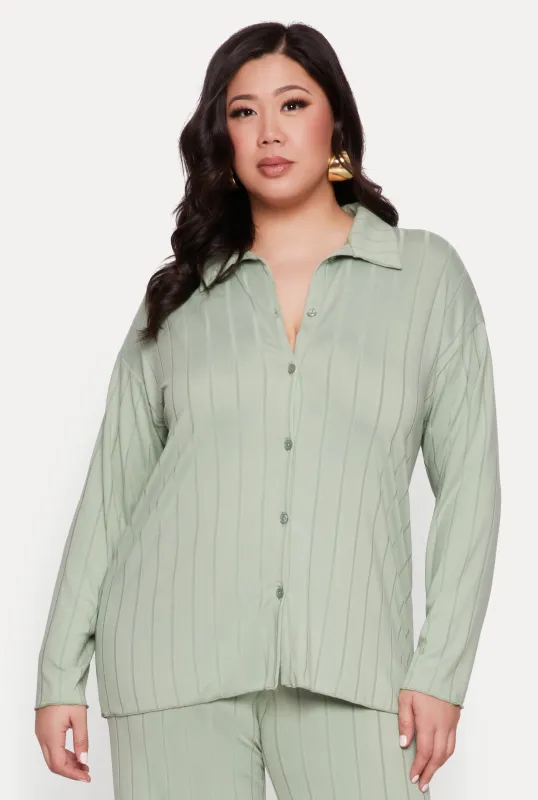 Plus Size Ribbed Knit Button Front Shirt sold by Rainbow