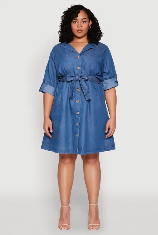 Plus Size Chambray Button Front Shirt Dress sold by Rainbow