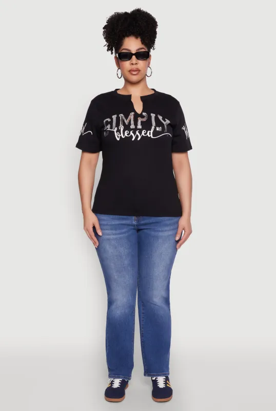 Plus Size Sequin Simply Blessed Graphic Tee sold by Rainbow