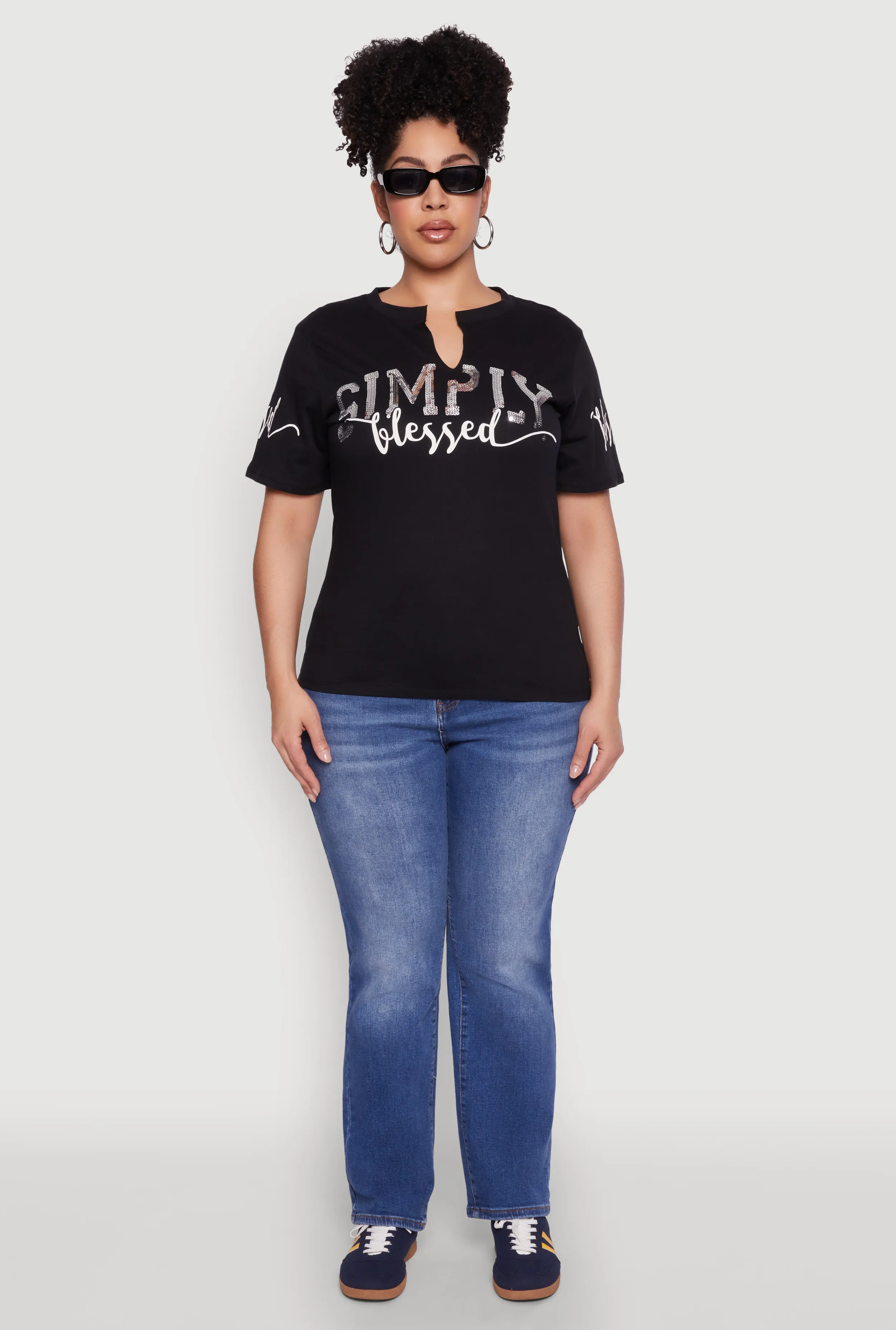 Plus Size Sequin Simply Blessed Graphic Tee sold by Rainbow