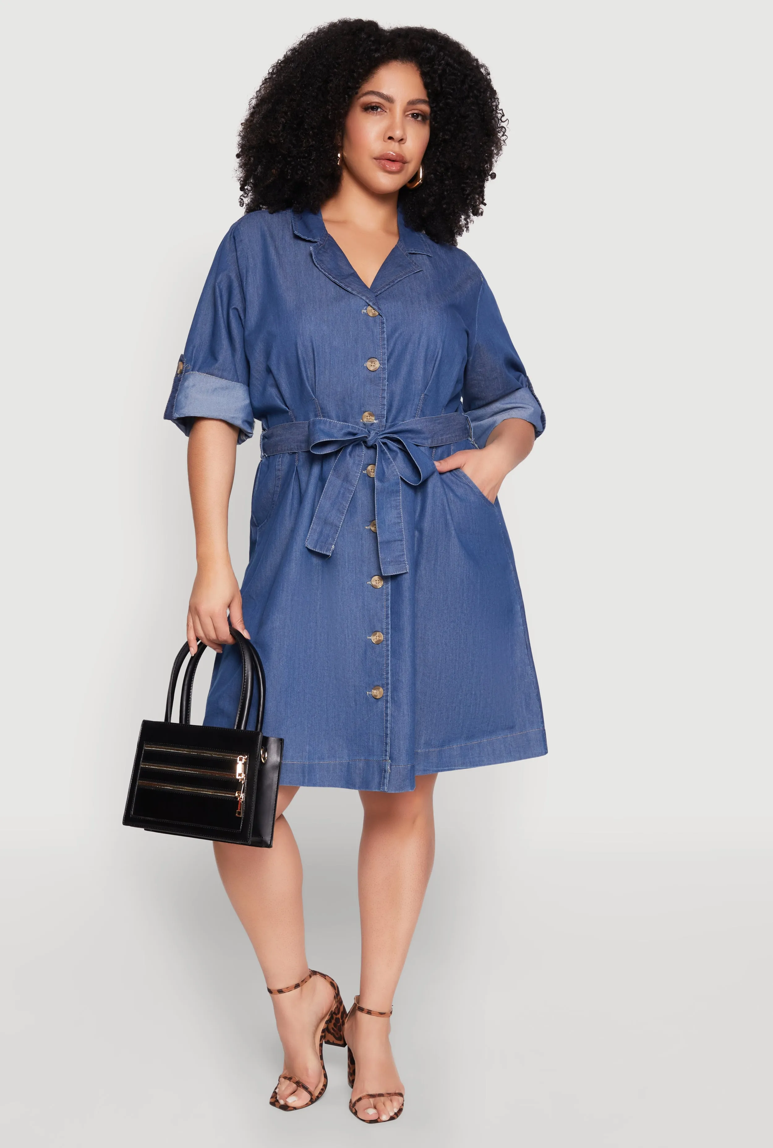 Plus Size Chambray Button Front Shirt Dress sold by Rainbow