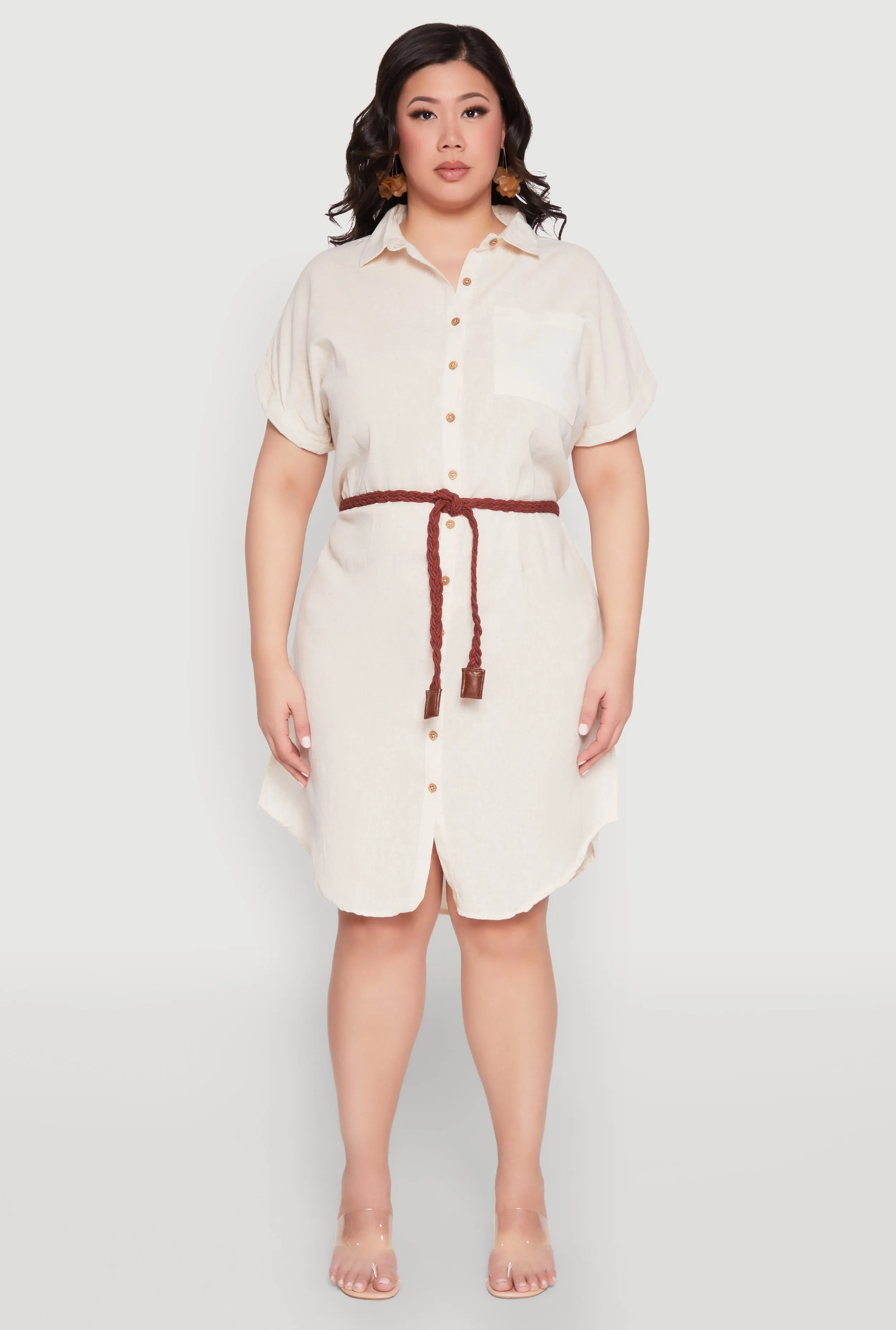 Plus Size Linen Cap Sleeve Button Front Shirt Dress sold by Rainbow