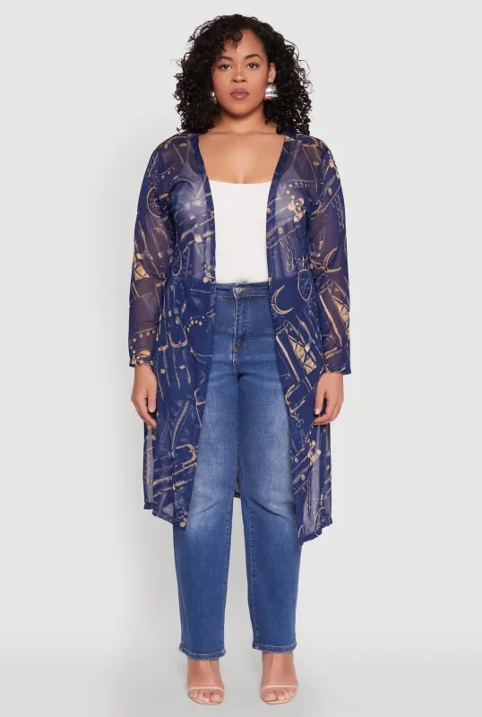 Plus Size Buckle Belt Print Mesh Duster sold by Rainbow