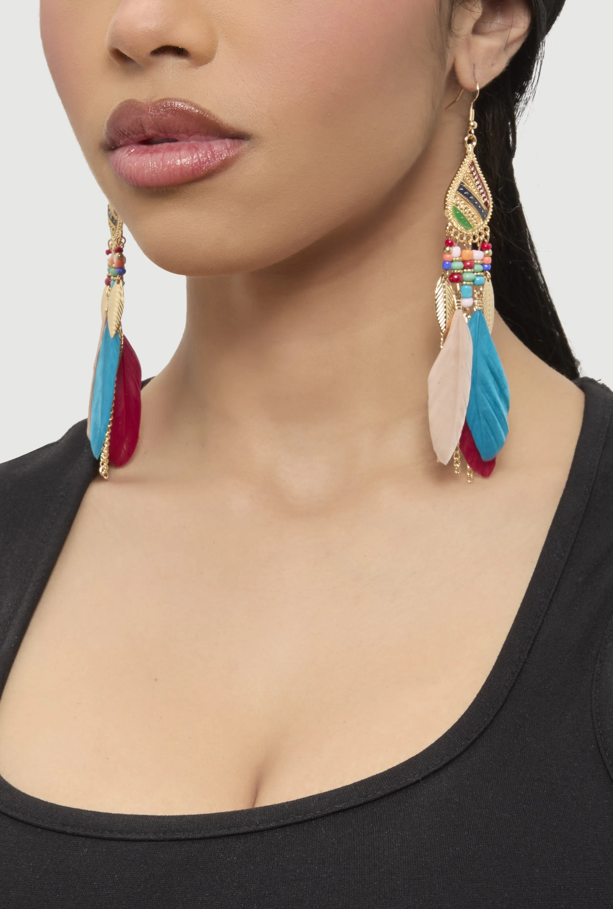 Beaded Feather Drop Earrings sold by Rainbow product image thumbnail 2