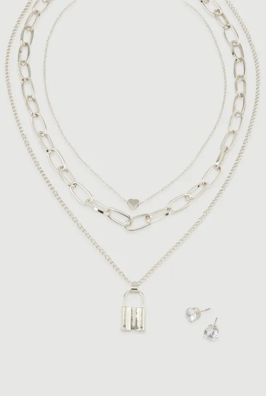 Lock Layered Necklace and Stud Earrings Set sold by Rainbow