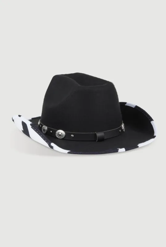 Studded Trim Cow Print Cowboy Hat sold by Rainbow