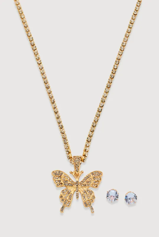 Cubic Zirconia Butterfly Necklace and Stud Earrings sold by Rainbow