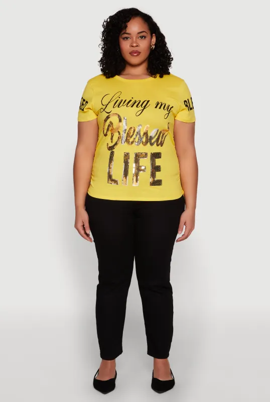 Plus Size Sequin Blessed Life Graphic Tee sold by Rainbow