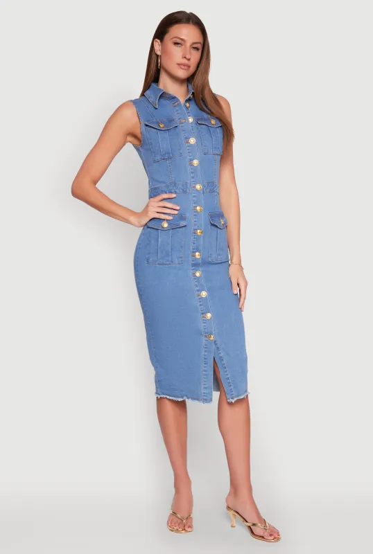 Daisy Denim Sleeveless Utility Midi Dress sold by Rainbow