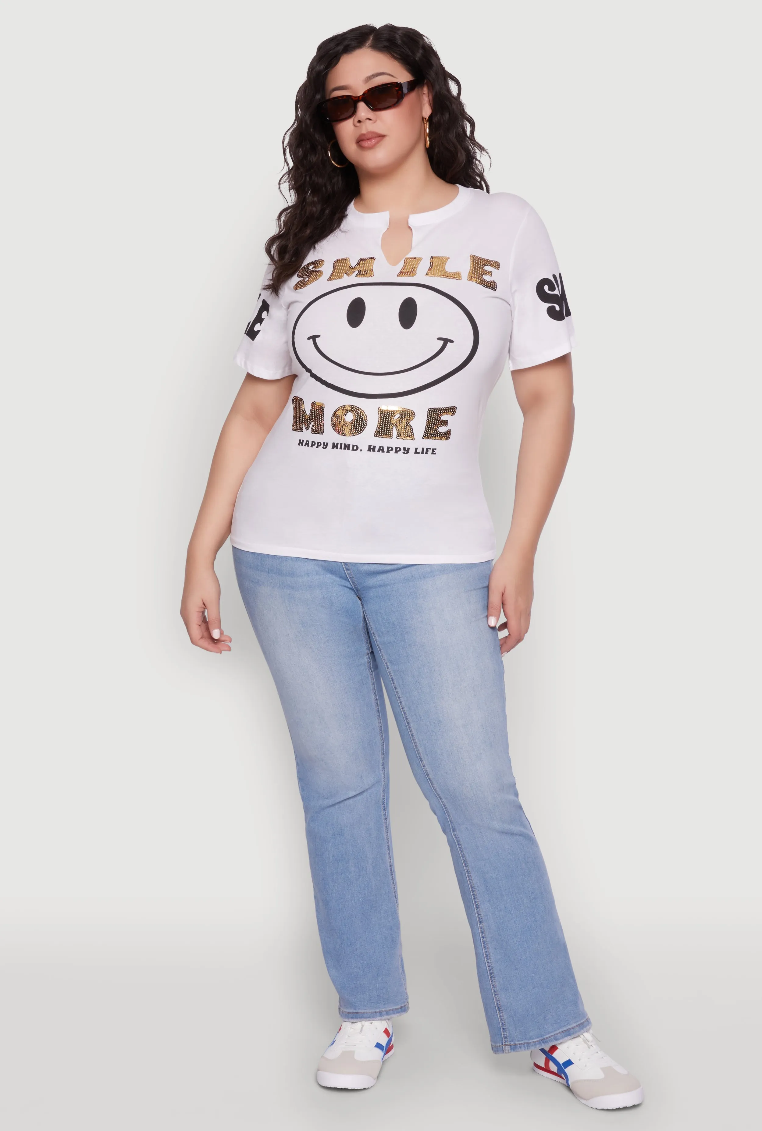 Plus Size Sequin Smile More Graphic Tee sold by Rainbow