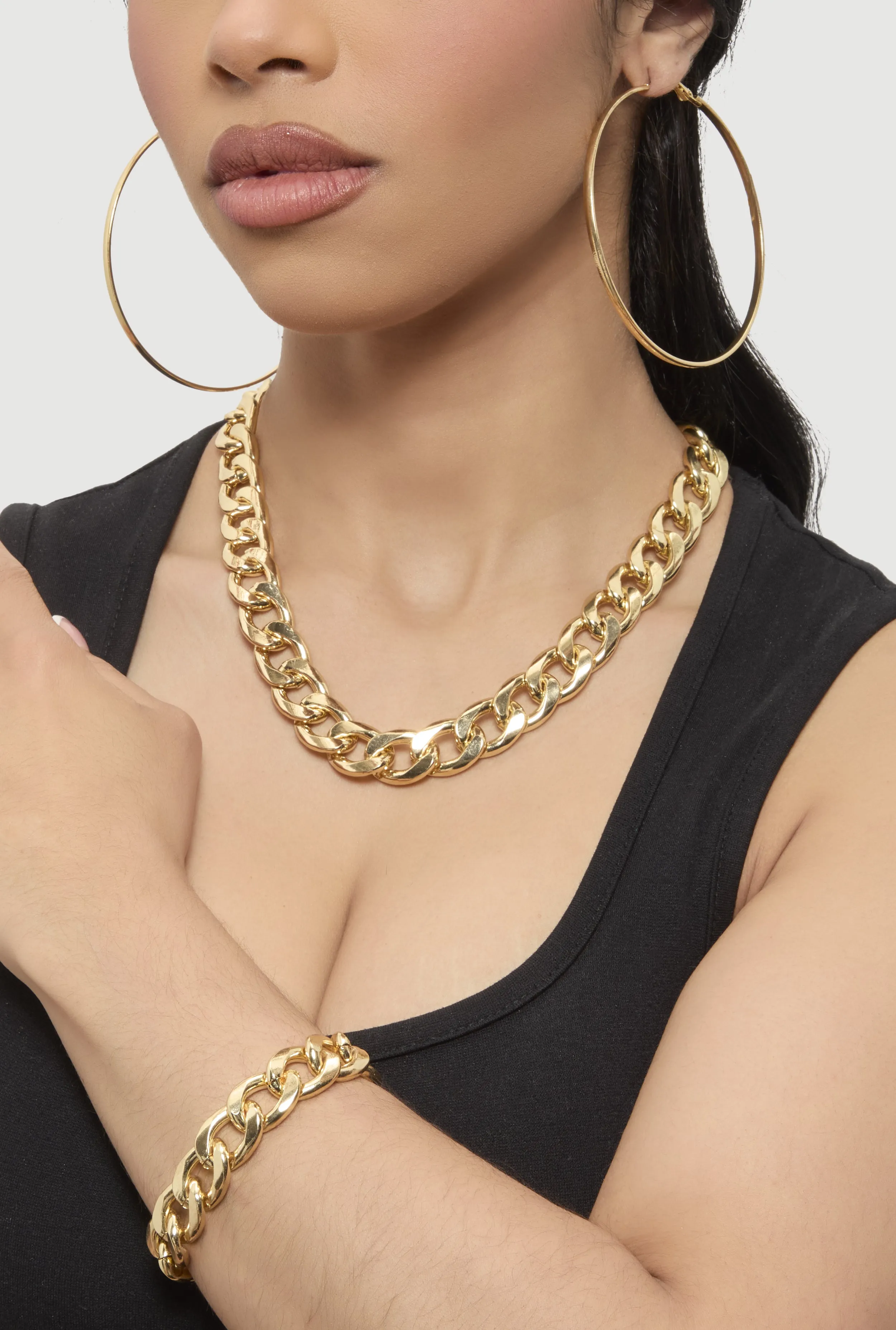 Curb Chain Necklace and Bracelet with Hoop Earrings Set sold by Rainbow product image thumbnail 2
