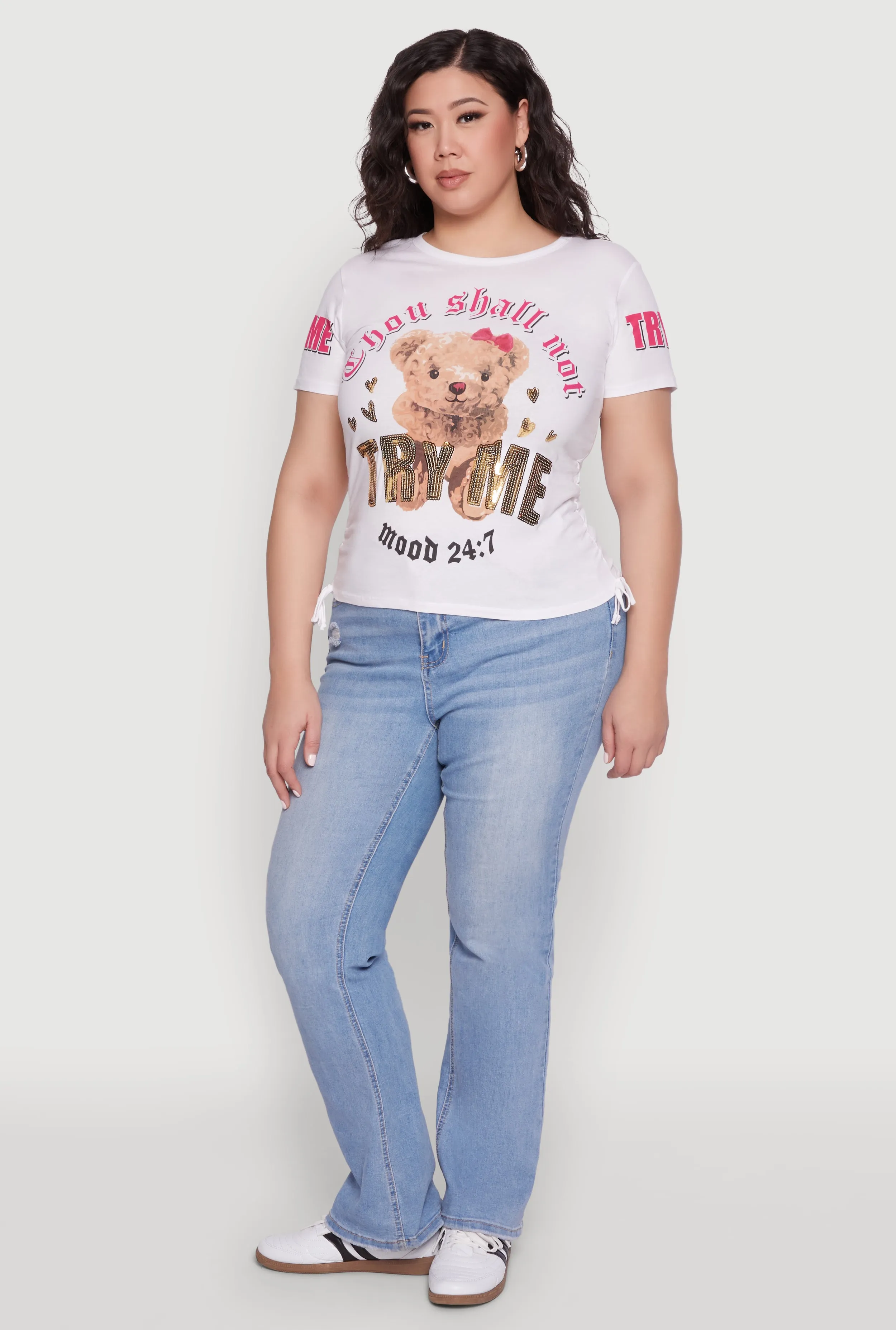 Plus Size Thou Shall Not Try Me Bear Graphic Top sold by Rainbow product image thumbnail 3