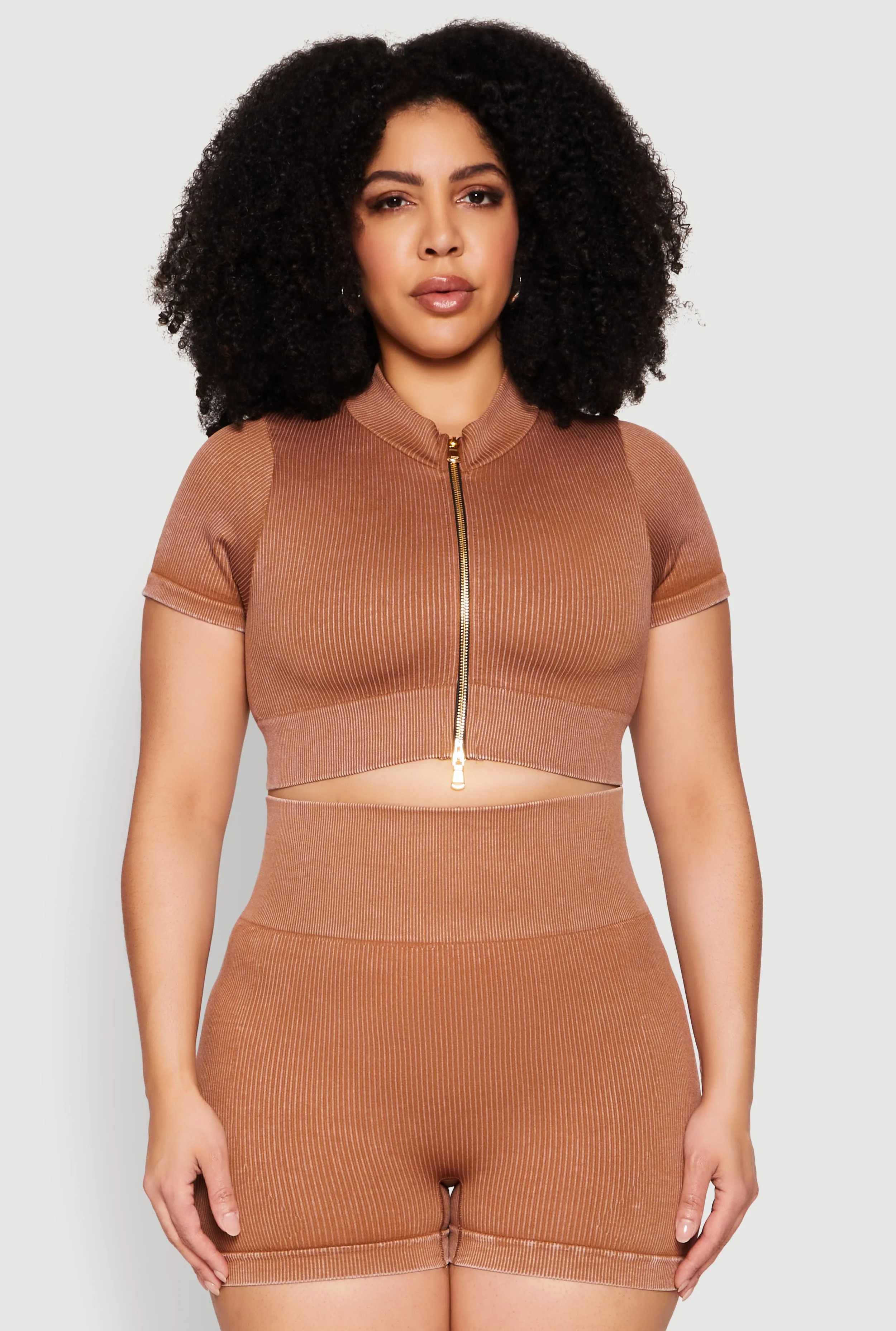 Plus Size Daisy Mineral Wash Seamless Zip Front Top sold by Rainbow