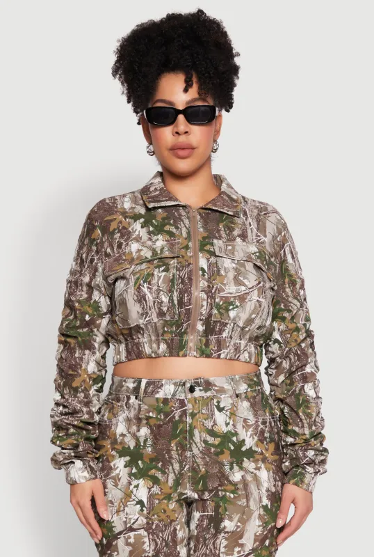 Plus Size Graphic Print Ruched Sleeve Cropped Jacket sold by Rainbow