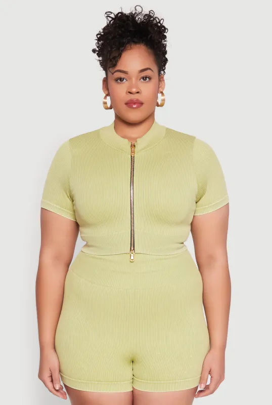 Plus Size Daisy Mineral Wash Seamless Zip Front Top sold by Rainbow