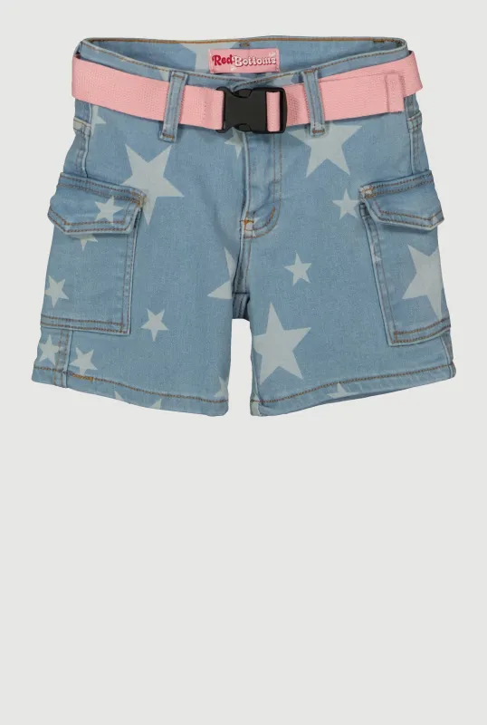 Girls Belted Star Print Denim Cargo Shorts sold by Rainbow