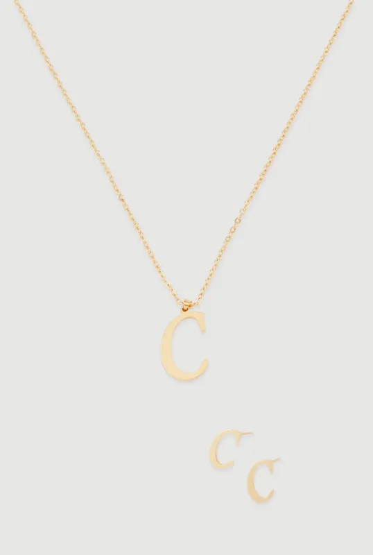 C Initial Necklace and Stud Earrings Set sold by Rainbow