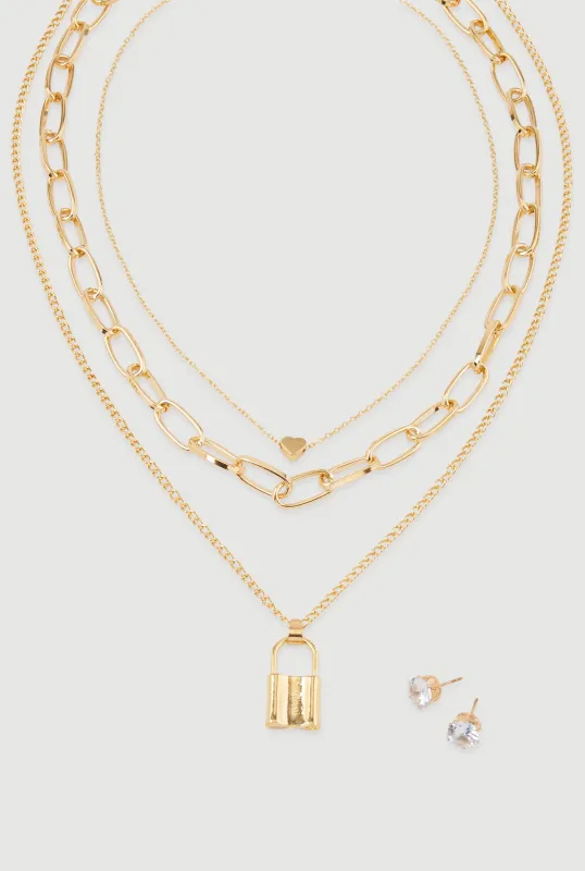 Lock Layered Necklace and Stud Earrings Set sold by Rainbow