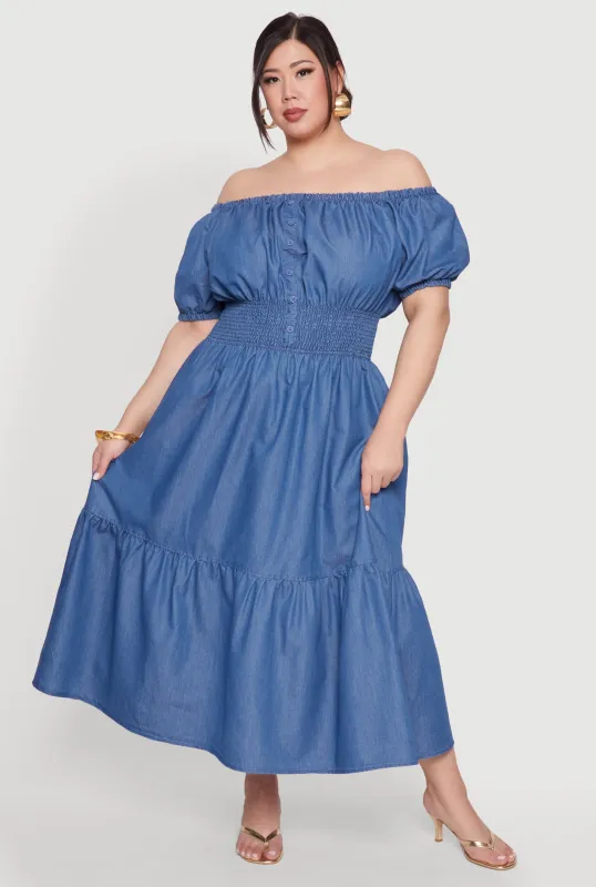 Plus Size Chambray Off The Shoulder Tiered Dress sold by Rainbow