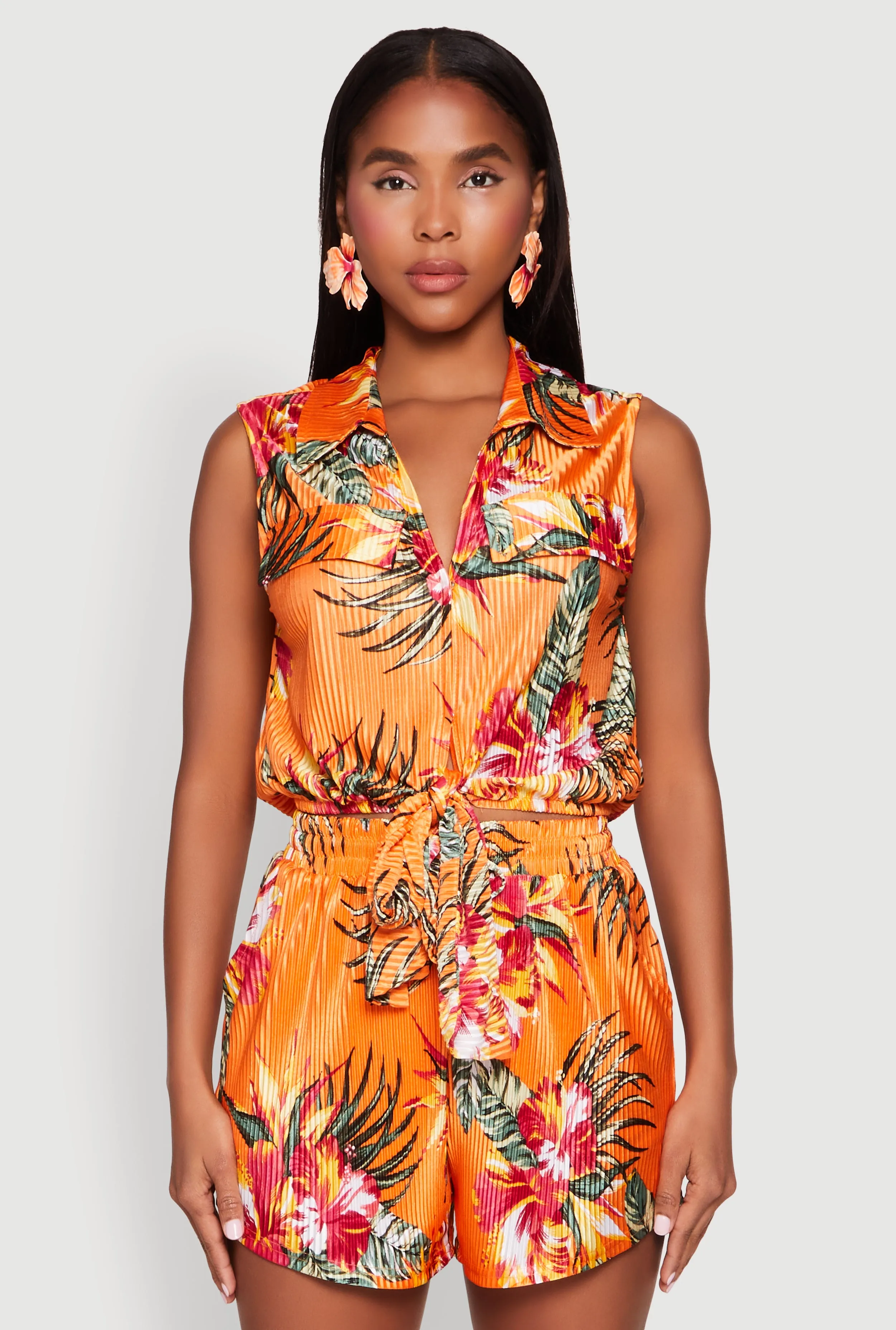 Plisse Printed Pattern Tie Front Shirt sold by Rainbow