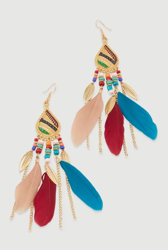 Beaded Feather Drop Earrings sold by Rainbow