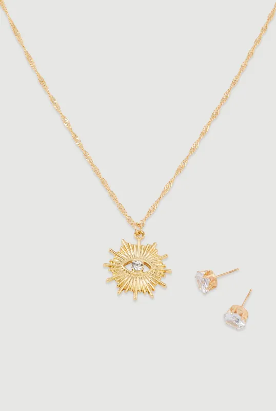 Cubic Zirconia Charm Necklace and Stud Earrings sold by Rainbow