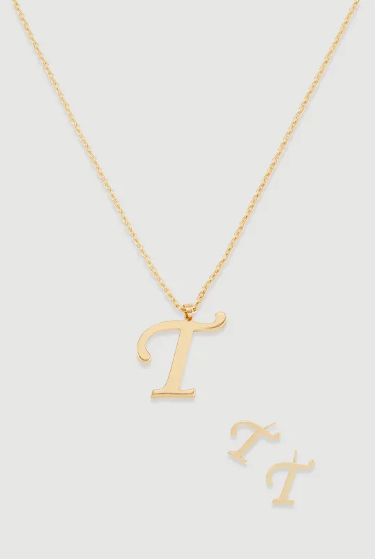 T Initial Necklace and Earrings sold by Rainbow