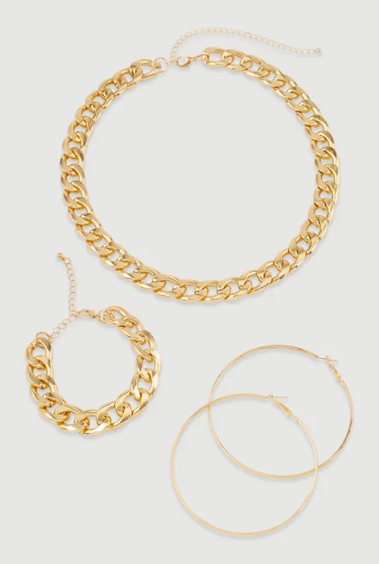 Curb Chain Necklace and Bracelet with Hoop Earrings Set sold by Rainbow