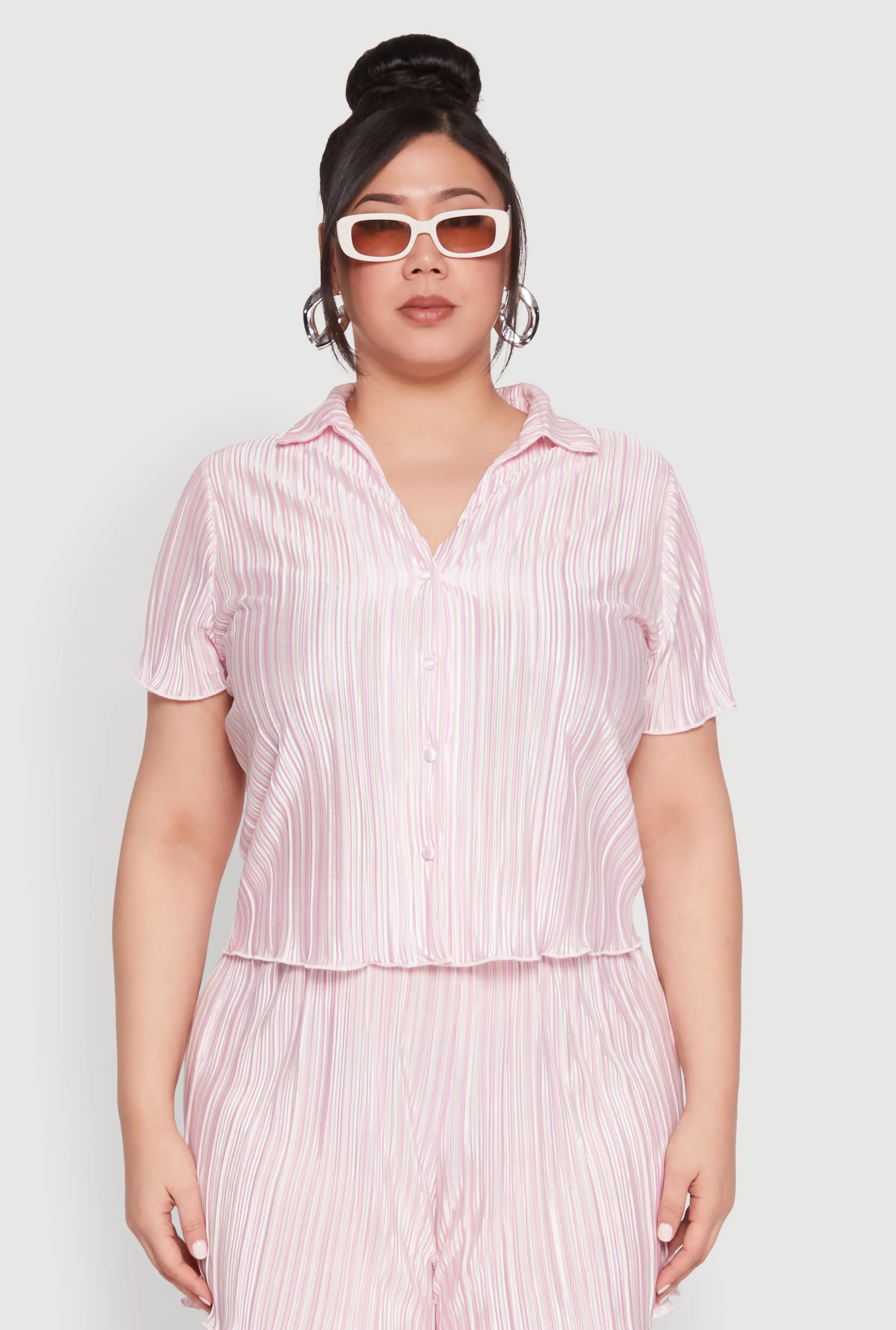 Plus Size Almost Famous Plisse Striped Shirt sold by Rainbow