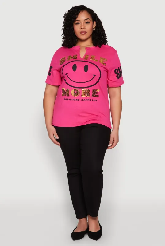 Plus Size Sequin Smile More Graphic Tee sold by Rainbow
