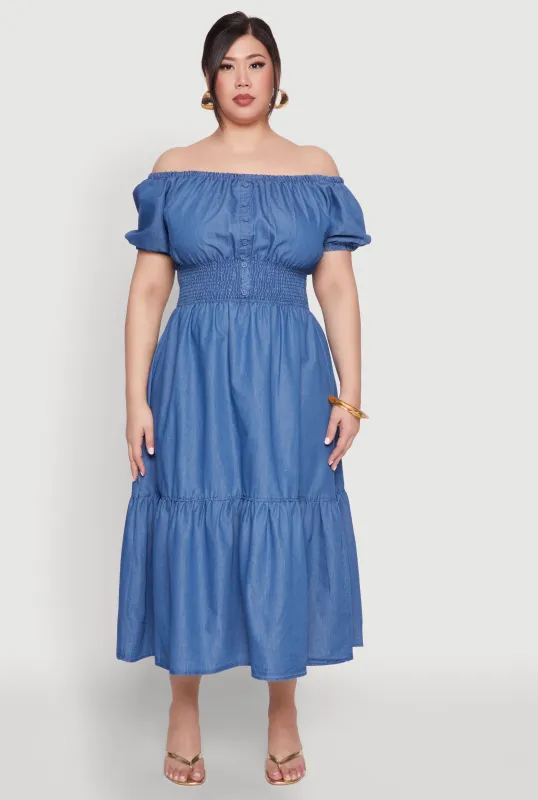 Plus Size Chambray Off The Shoulder Tiered Dress sold by Rainbow