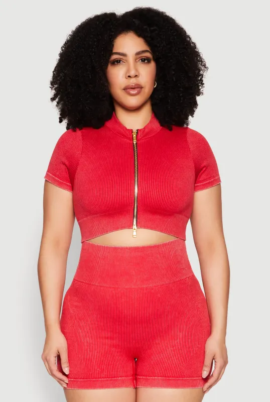 Plus Size Daisy Mineral Wash Seamless Zip Front Top sold by Rainbow