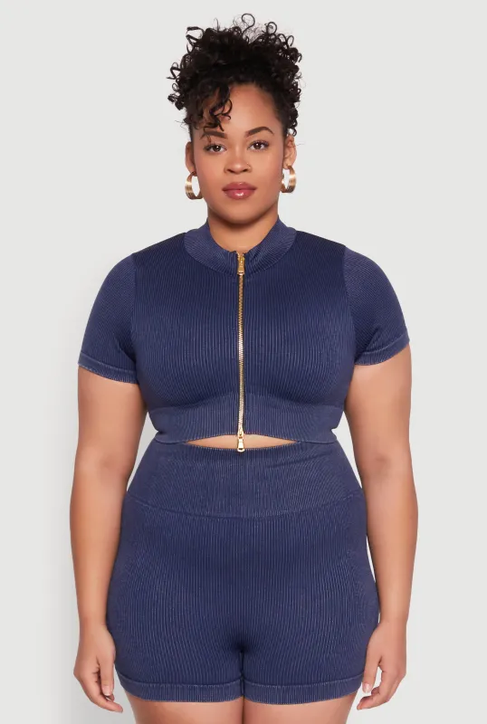 Plus Size Daisy Mineral Wash Seamless Zip Front Top sold by Rainbow