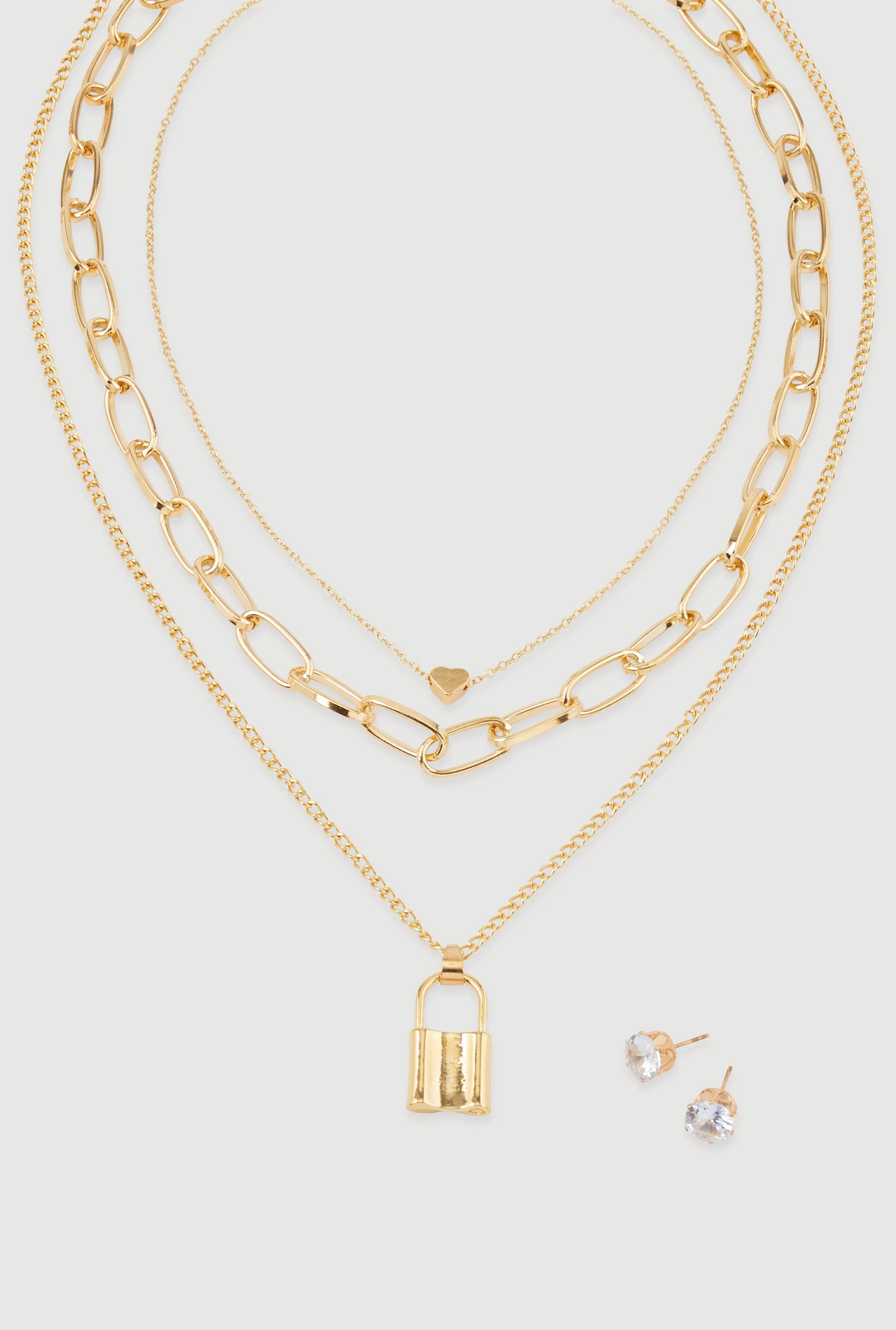 Lock Layered Necklace and Stud Earrings Set sold by Rainbow