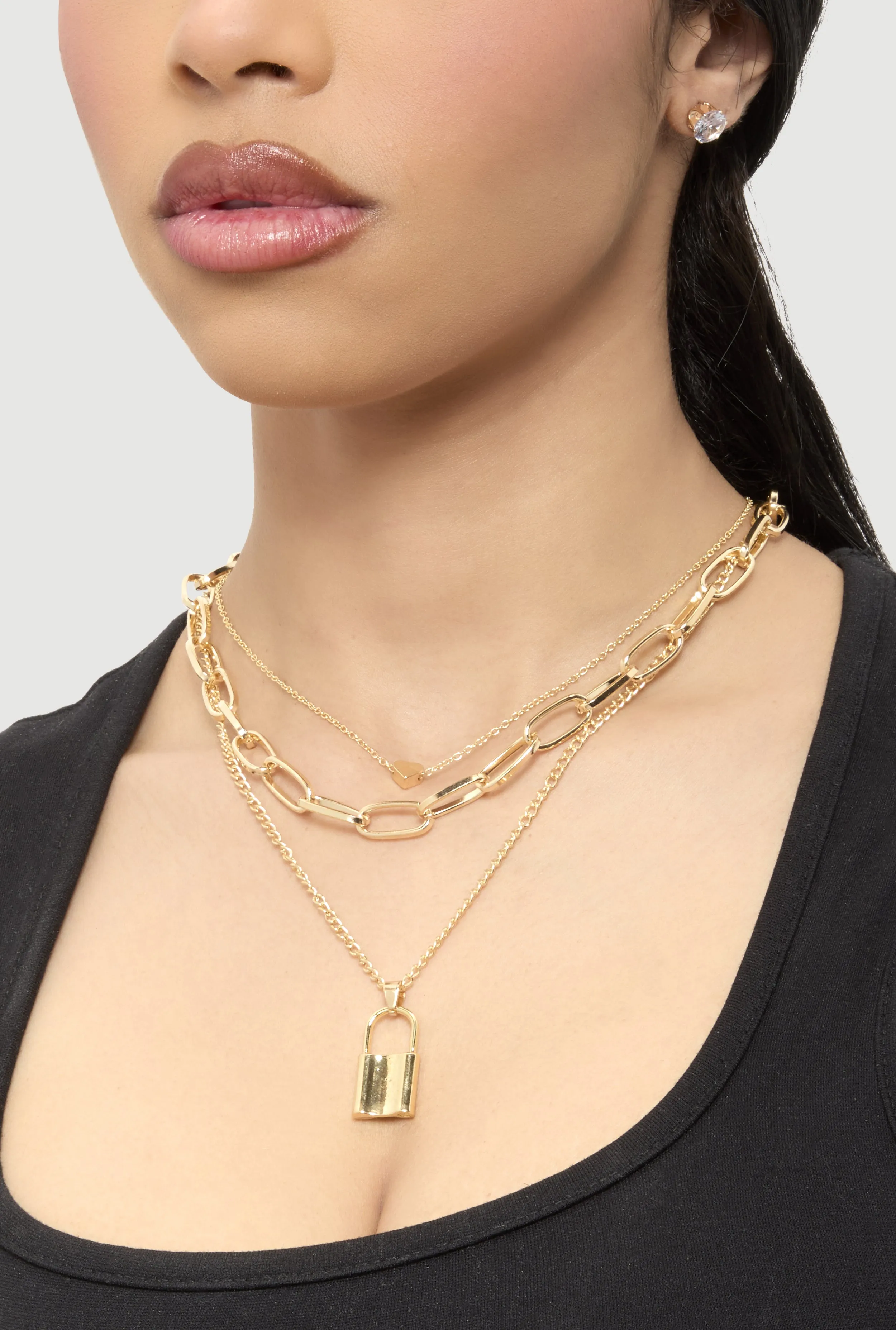 Lock Layered Necklace and Stud Earrings Set sold by Rainbow product image thumbnail 2