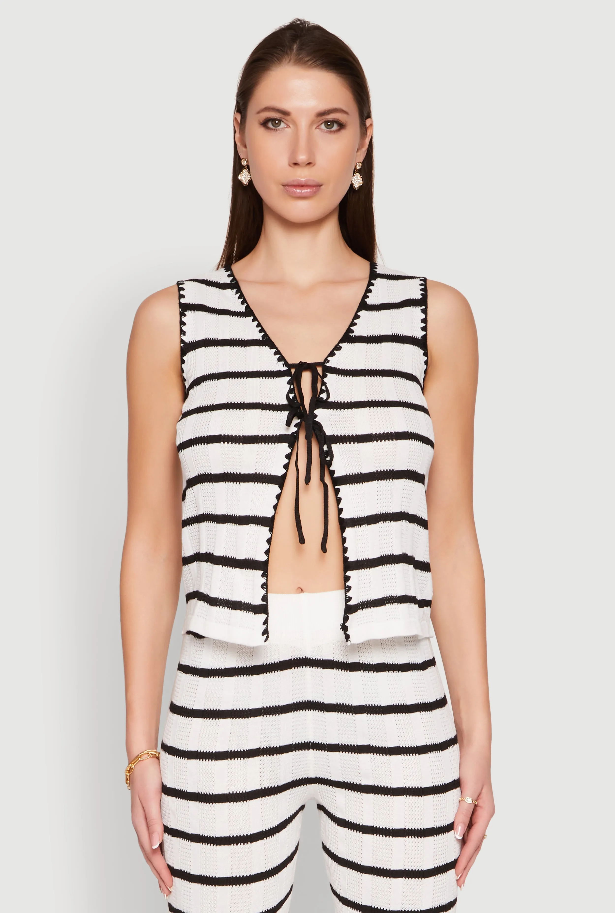 Striped Crochet Knit Tie Front Top sold by Rainbow