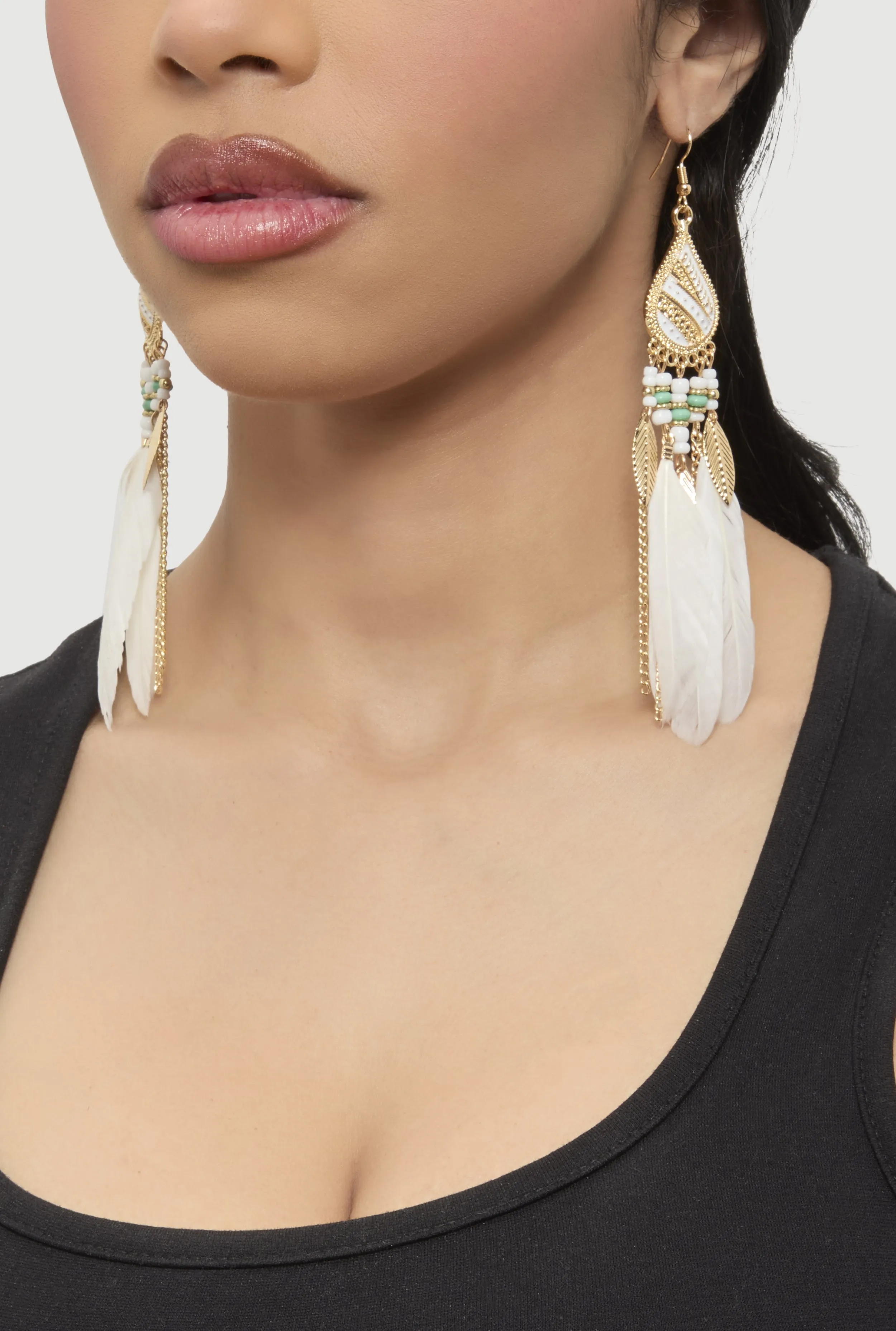 Beaded Feather Drop Earrings sold by Rainbow product image thumbnail 2