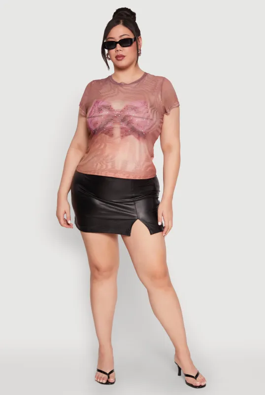 Plus Size Rhinestone Studded Graphic Print Mesh Tee sold by Rainbow