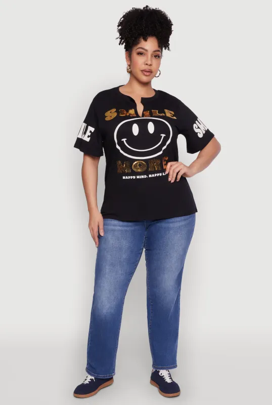 Plus Size Sequin Smile More Graphic Tee sold by Rainbow