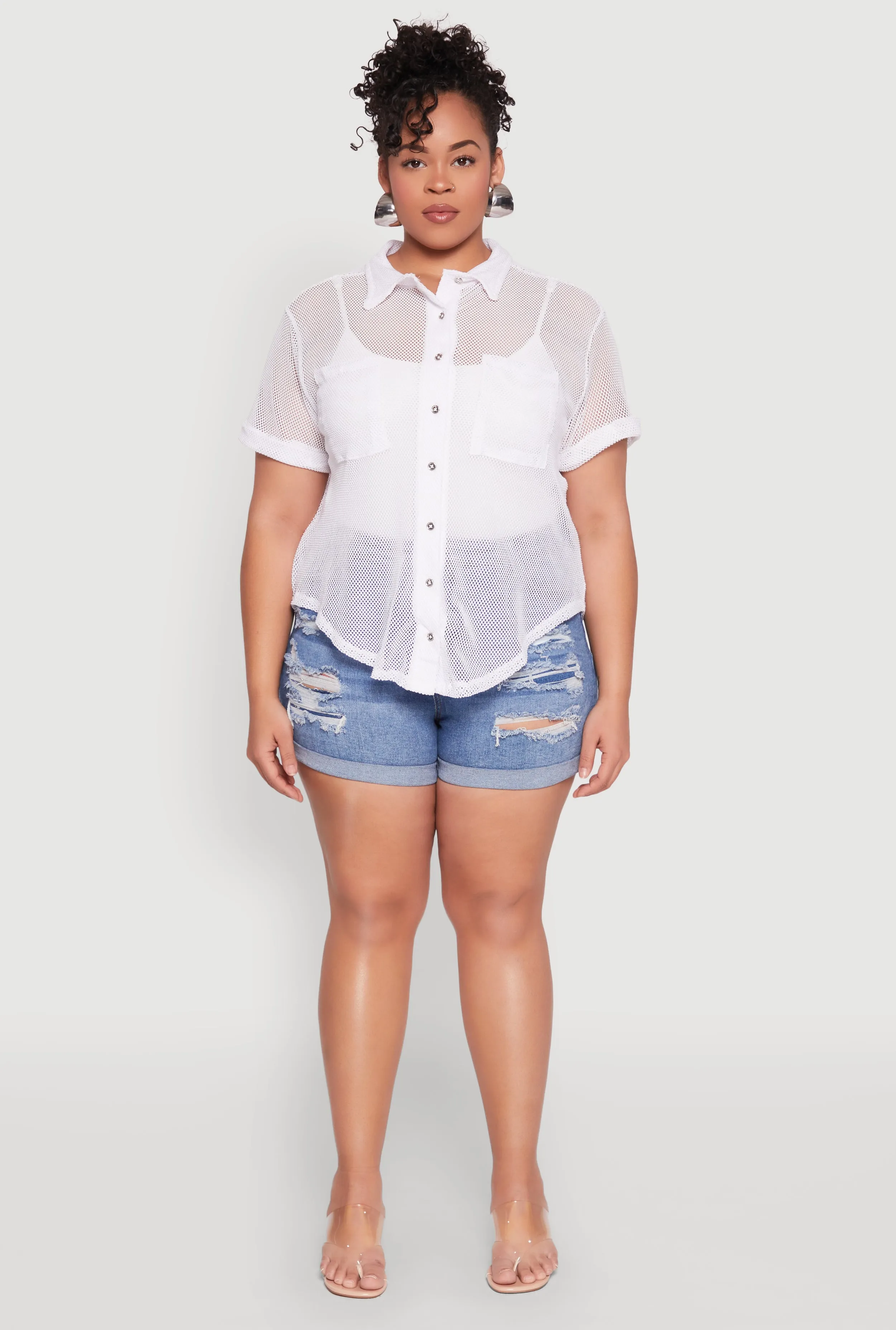 Plus Size Fishnet Short Sleeve Button Front Shirt sold by Rainbow product image thumbnail 3
