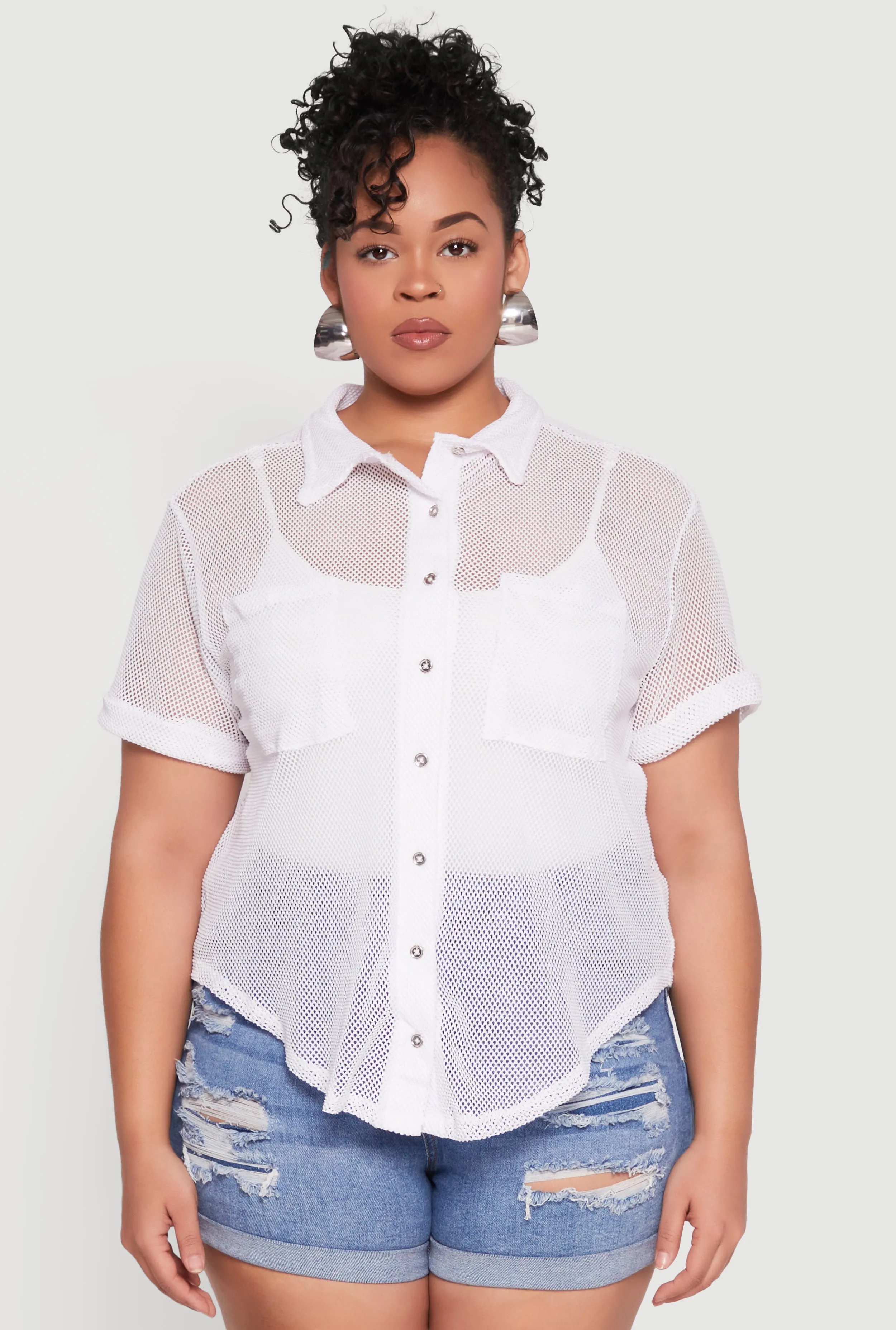Plus Size Fishnet Short Sleeve Button Front Shirt sold by Rainbow product image thumbnail 2
