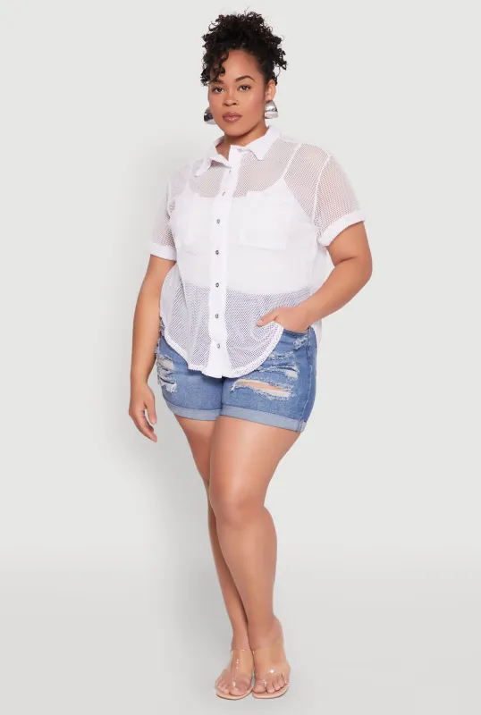 Plus Size Fishnet Short Sleeve Button Front Shirt sold by Rainbow