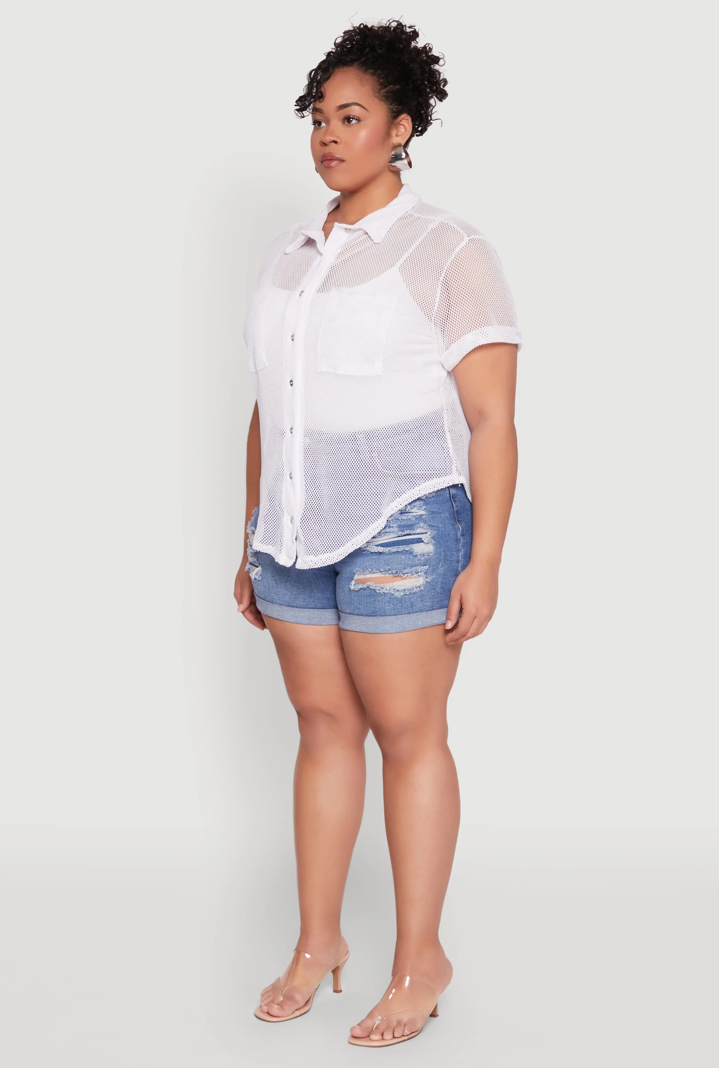 Plus Size Fishnet Short Sleeve Button Front Shirt sold by Rainbow product image thumbnail 5