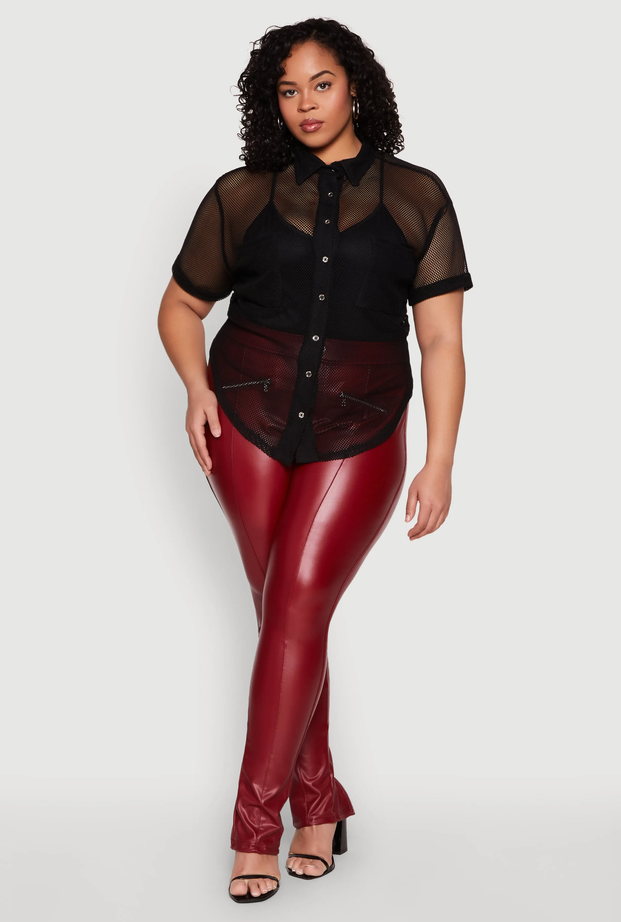 Plus Size Fishnet Short Sleeve Button Front Shirt sold by Rainbow product image thumbnail 3